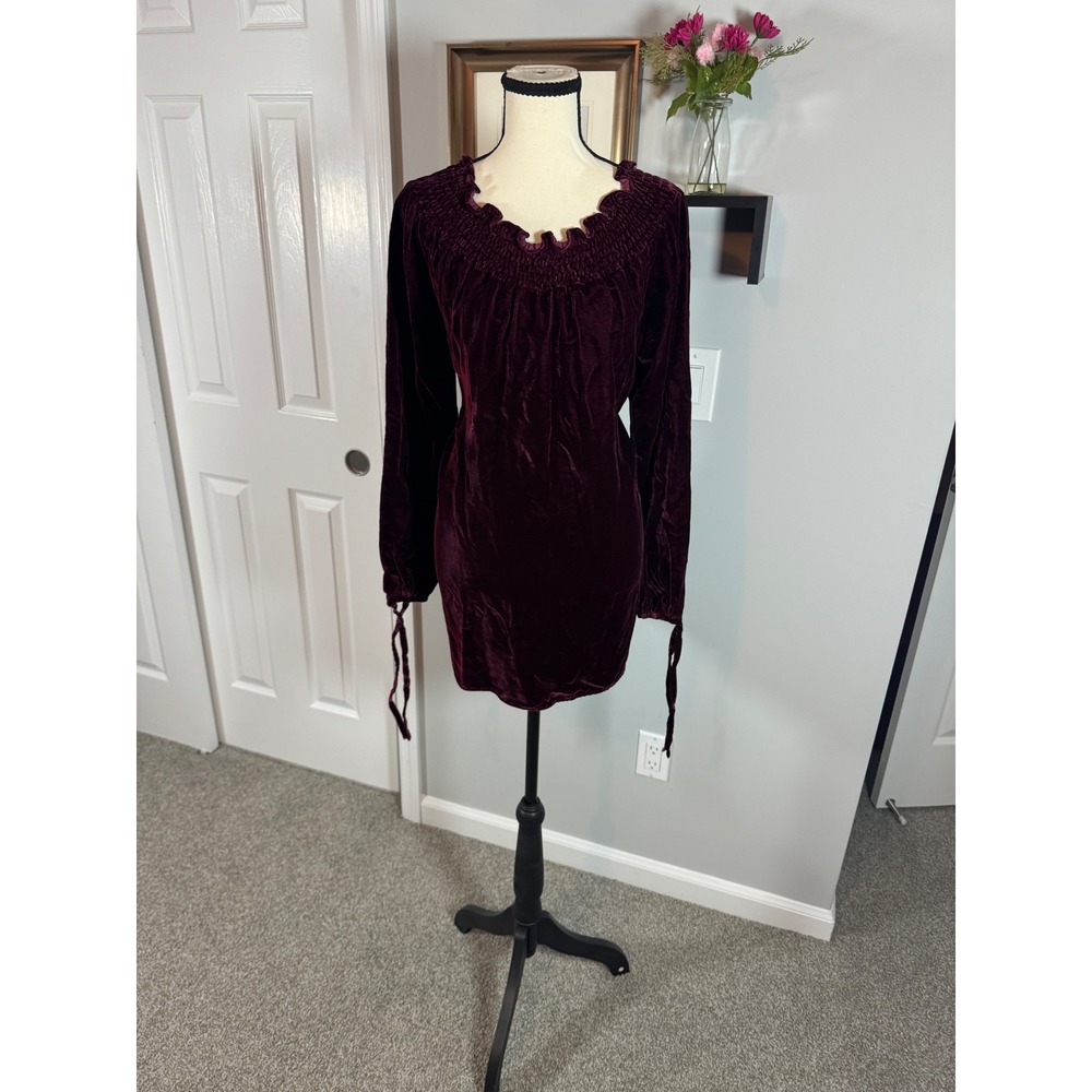 Newport News Burgundy Faux Velvet Lux Tunic/Mini Dress Long Sleeve Tie Cuff Sz M